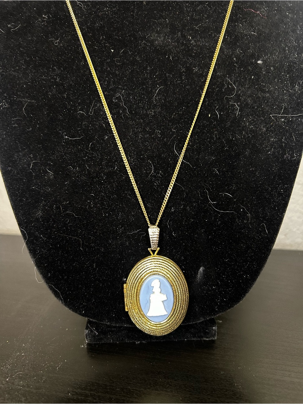 Gold Tone Blue Cameo Locket Necklace - Women Jewelry